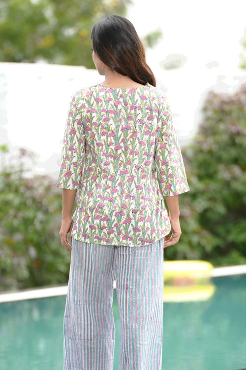 Sooti Syahi Spring Flamingo Block Printed Night Suit