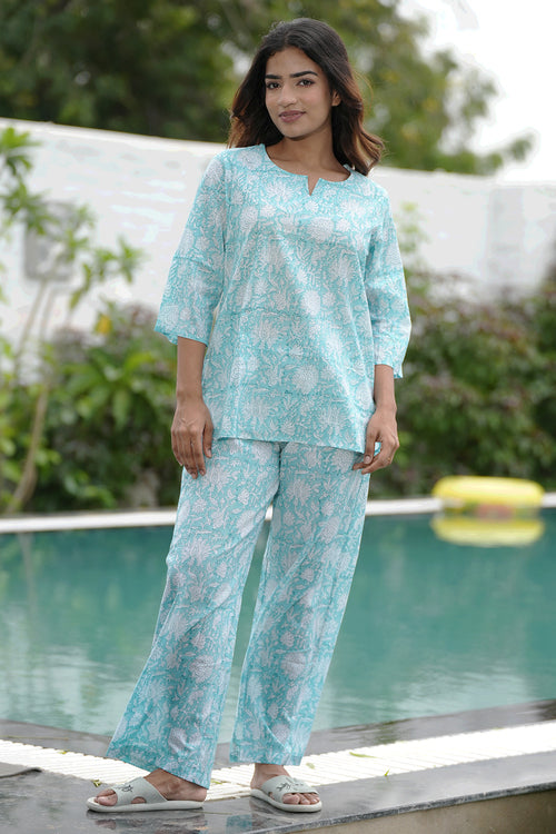 Sooti Syahi Blue Cotton Candy Block Printed Night Suit