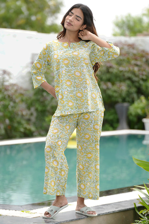 Sooti Syahi Lemon Mint Mojito Block Printed Night Suit