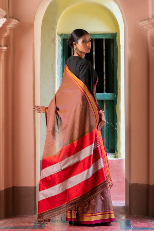 TICH Deccan Elegance. Maharashtrian Small Checks Lugadi Saree - Rangamaati