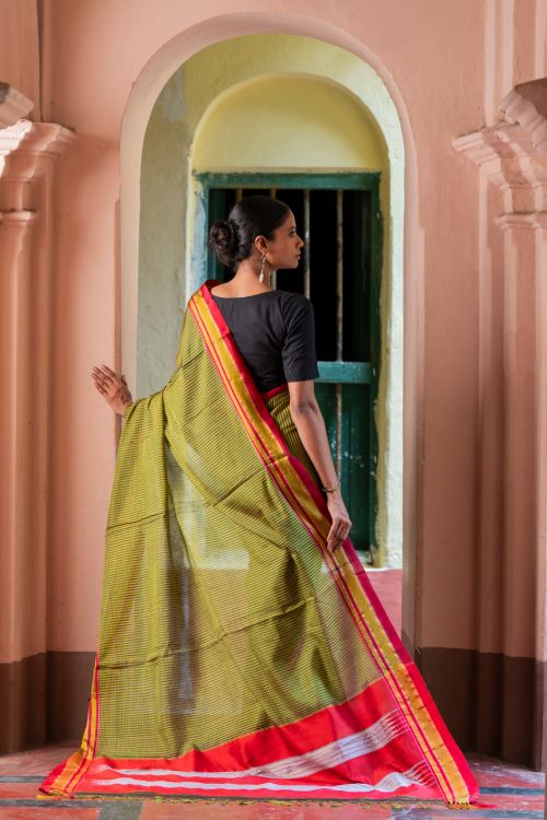 TICH Deccan Elegance. Maharashtrian Small Checks Lugadi Saree - HaldiPatta