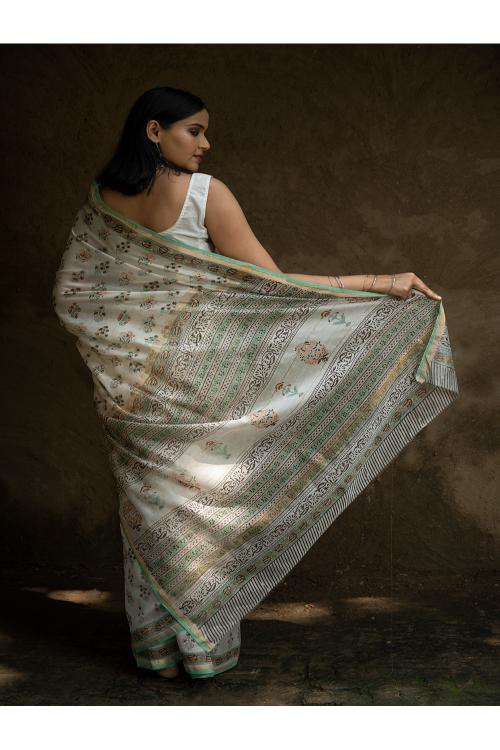 TICH Sanganeri Hand Block Printed Chanderi Saree - Pretty Florals