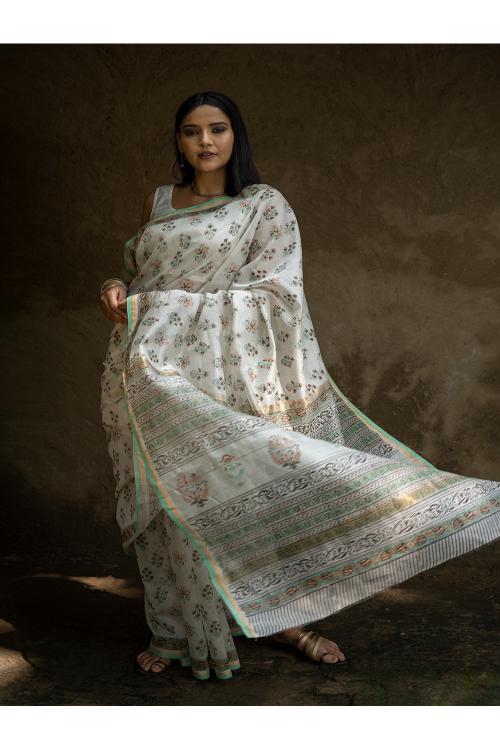 TICH Sanganeri Hand Block Printed Chanderi Saree - Pretty Florals