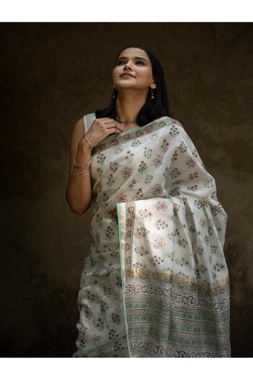 TICH Sanganeri Hand Block Printed Chanderi Saree - Pretty Florals