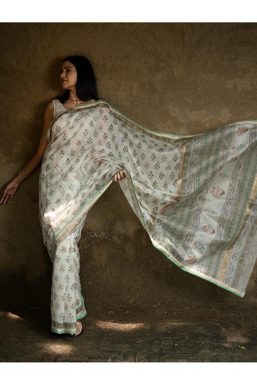 TICH Sanganeri Hand Block Printed Chanderi Saree - Pretty Florals
