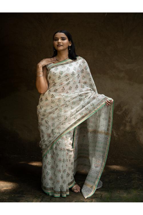 TICH Sanganeri Hand Block Printed Chanderi Saree - Pretty Florals