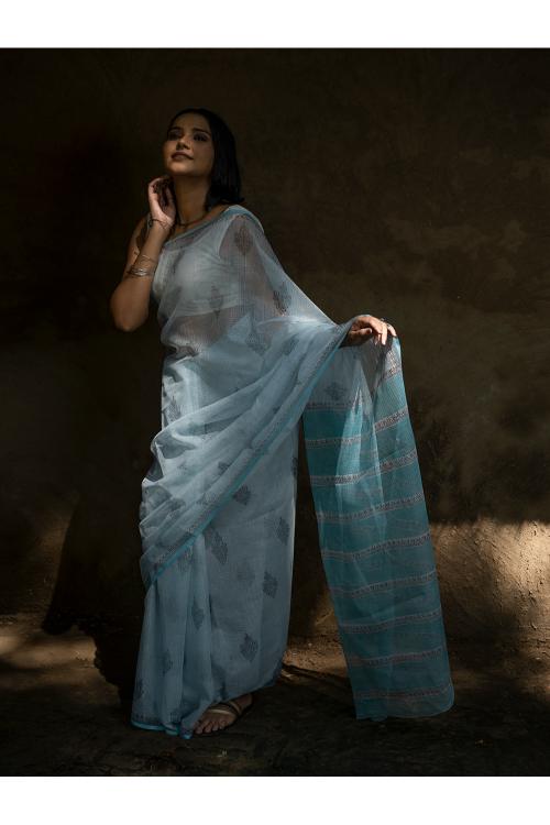TICH Sanganeri Hand Block Printed Kota Doria Saree - Ocean Moods