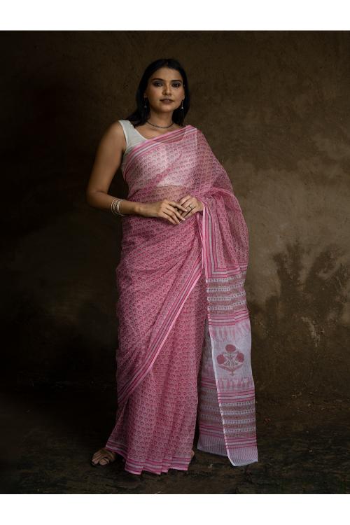 Pink Flora Sanganeri Hand Block Printed Kota Doria Saree Online