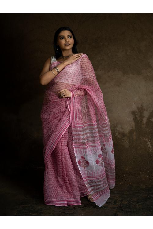 TICH Sanganeri Hand Block Printed Kota Doria Saree - Pink Flora