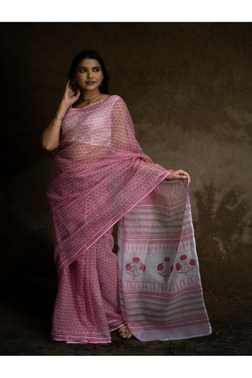 TICH Sanganeri Hand Block Printed Kota Doria Saree - Pink Flora