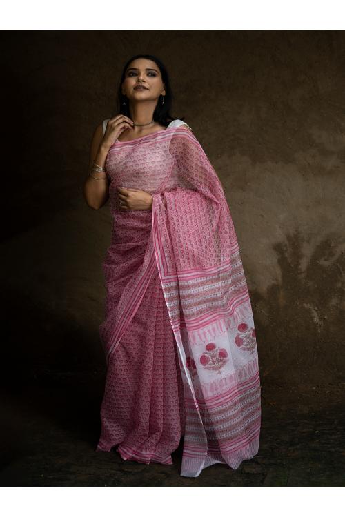 TICH Sanganeri Hand Block Printed Kota Doria Saree - Pink Flora