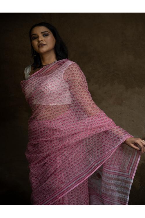 TICH Sanganeri Hand Block Printed Kota Doria Saree - Pink Flora