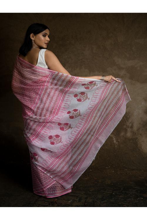 TICH Sanganeri Hand Block Printed Kota Doria Saree - Pink Flora