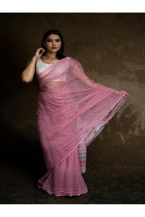 TICH Sanganeri Hand Block Printed Kota Doria Saree - Pink Flora