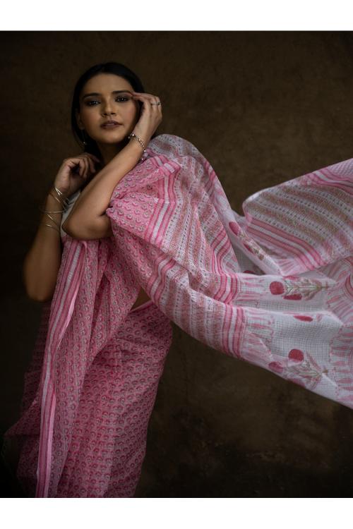 TICH Sanganeri Hand Block Printed Kota Doria Saree - Pink Flora