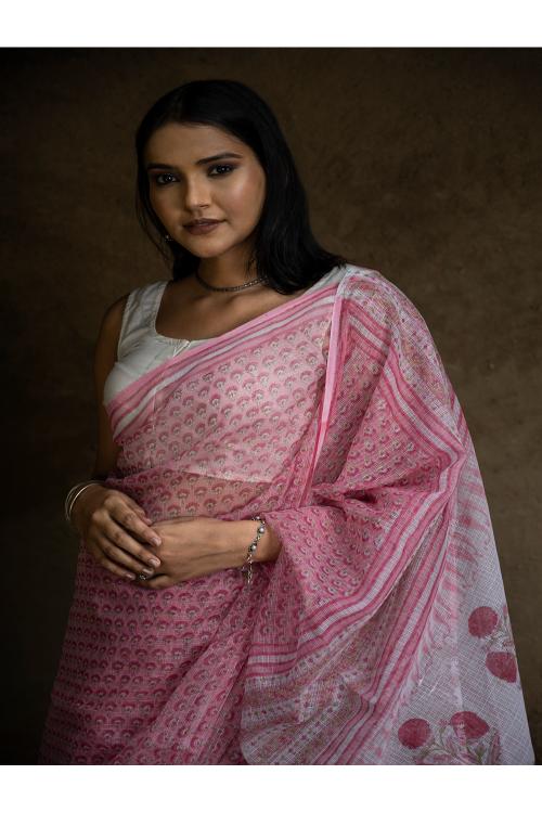 TICH Sanganeri Hand Block Printed Kota Doria Saree - Pink Flora