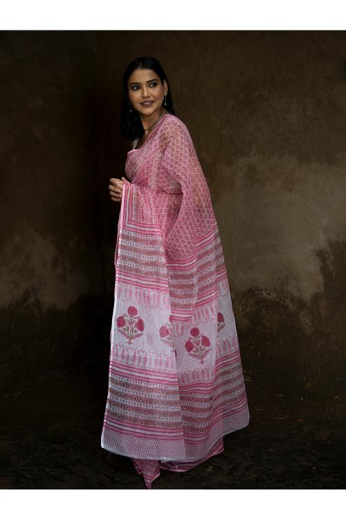 TICH Sanganeri Hand Block Printed Kota Doria Saree - Pink Flora