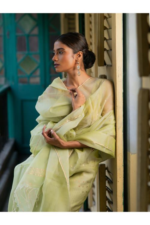 Exclusive Elegant Handwoven Pastel Green Resham Silk Saree Online