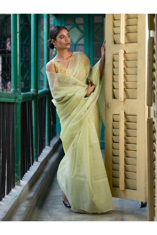 TICH Sheer Elegance. Exclusive Handwoven Resham Silk Saree - Pastel Green
