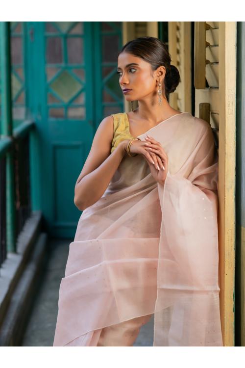 TICH Sheer Elegance. Exclusive Handwoven Resham Silk Saree - Pastel Pink