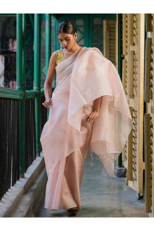 TICH Sheer Elegance. Exclusive Handwoven Resham Silk Saree - Pastel Pink