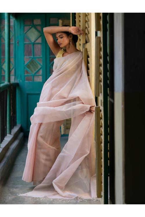TICH Sheer Elegance. Exclusive Handwoven Resham Silk Saree - Pastel Pink