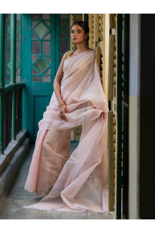 TICH Sheer Elegance. Exclusive Handwoven Resham Silk Saree - Pastel Pink