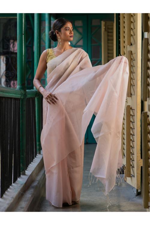 TICH Sheer Elegance. Exclusive Handwoven Resham Silk Saree - Pastel Pink