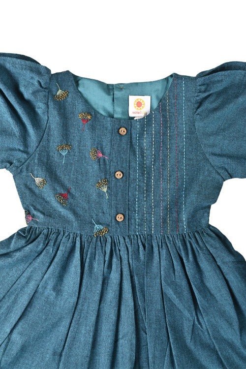 Soleilclo "Sparkler" Hand Embroidered Gathered Sleeve Cotton Dress