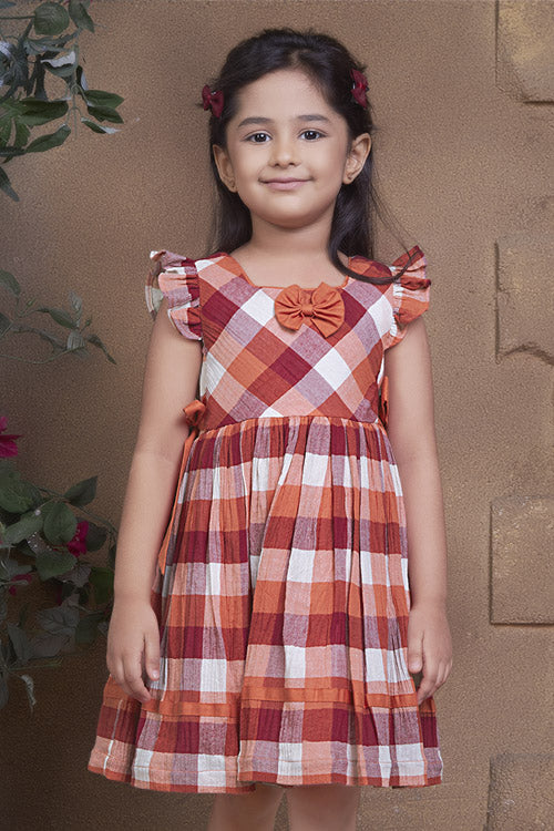 Soleilclo Flutter Sleeves Checks Cotton Dress