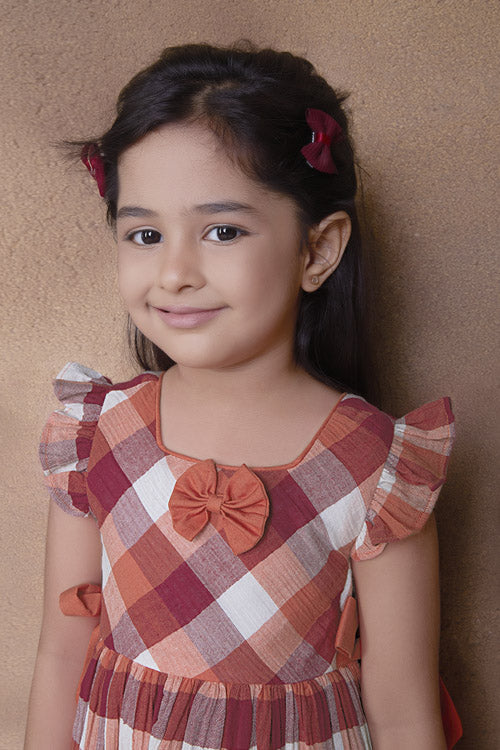 Soleilclo Flutter Sleeves Checks Cotton Dress