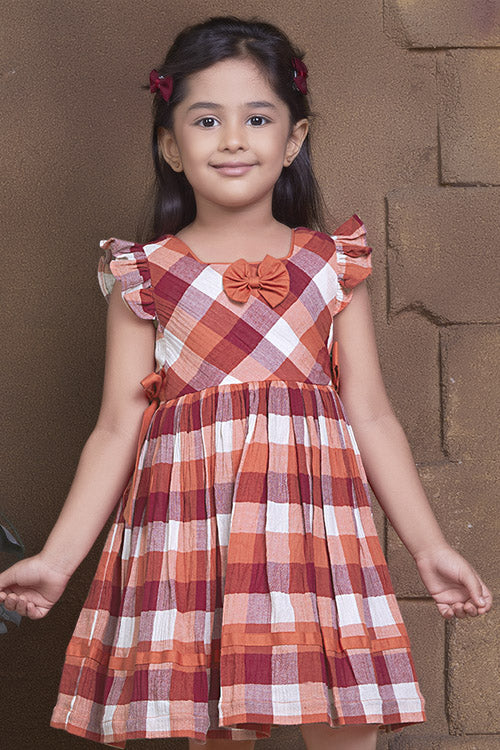 Soleilclo Flutter Sleeves Checks Cotton Dress