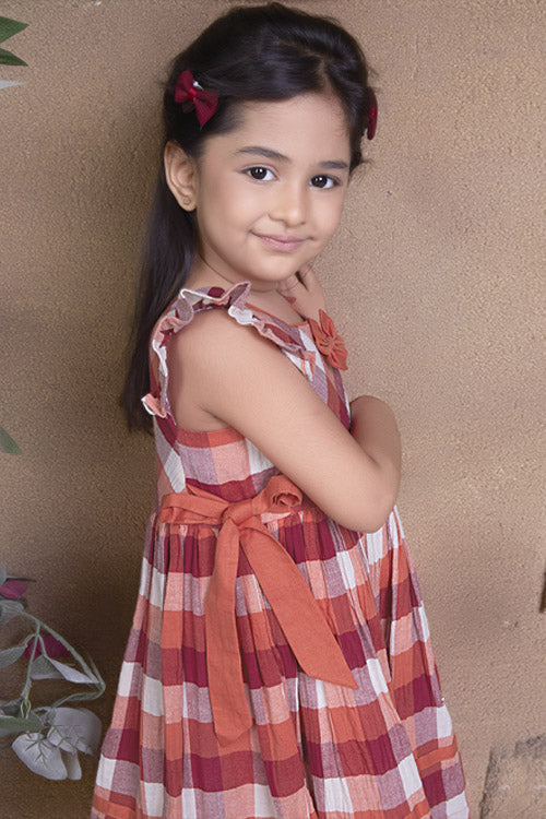 Soleilclo Flutter Sleeves Checks Cotton Dress