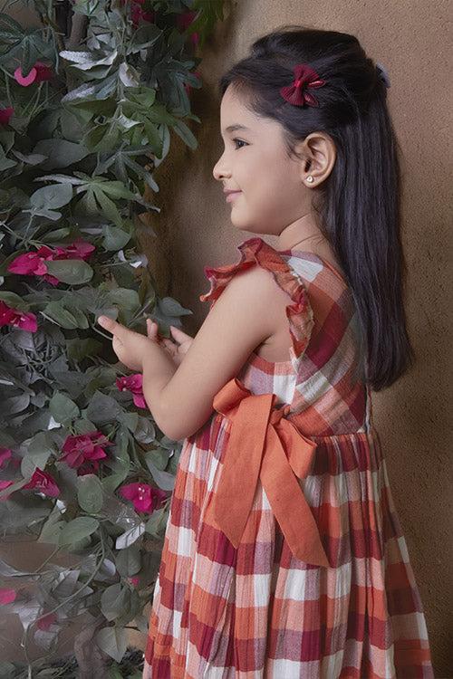 Soleilclo Flutter Sleeves Checks Cotton Dress