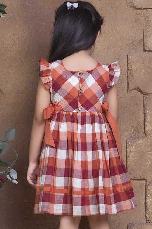 Soleilclo Flutter Sleeves Checks Cotton Dress