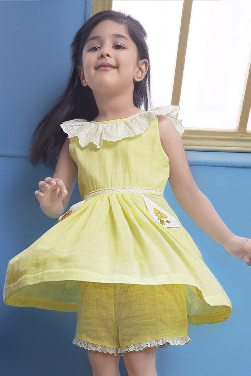 Soleilclo Hand Embroidered Sleeveless Gauze Dress & Ruffled Shorts Set