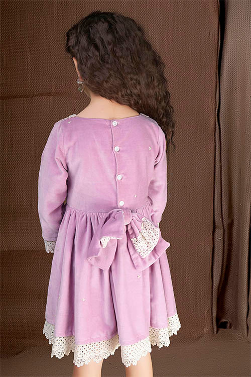 Soleilclo "Lavender Twilight" Three Quarter Sleeves Hand Embroidered Velvet Dress - Lavender