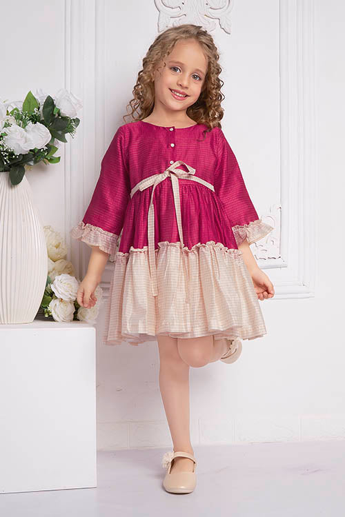 Soleilclo "Festive Ruffle Magic" Three Quarter Sleeve Zari Checked Dress