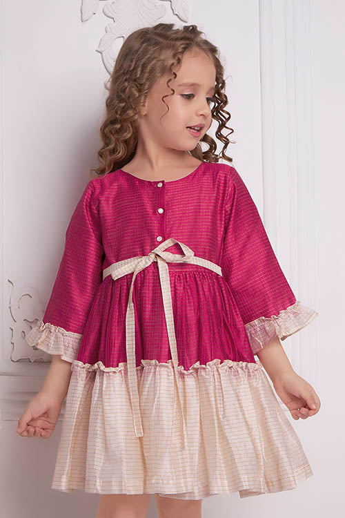 Soleilclo "Festive Ruffle Magic" Three Quarter Sleeve Zari Checked Dress