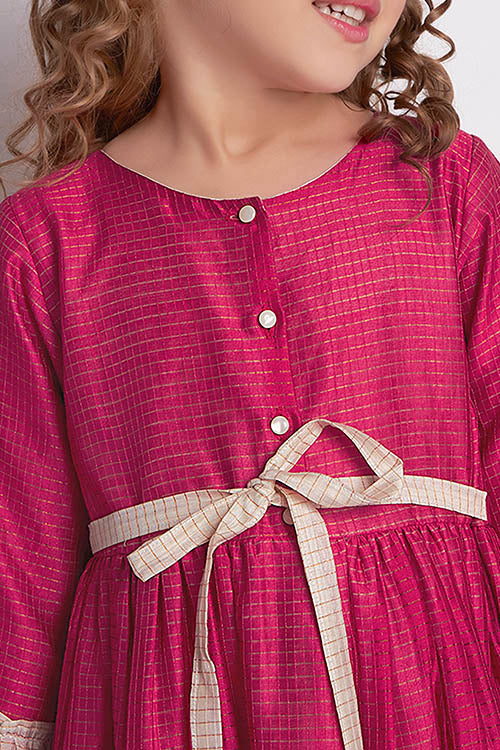 Soleilclo "Festive Ruffle Magic" Three Quarter Sleeve Zari Checked Dress