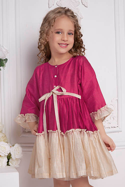 Soleilclo "Festive Ruffle Magic" Three Quarter Sleeve Zari Checked Dress