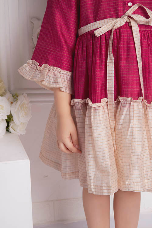 Soleilclo "Festive Ruffle Magic" Three Quarter Sleeve Zari Checked Dress