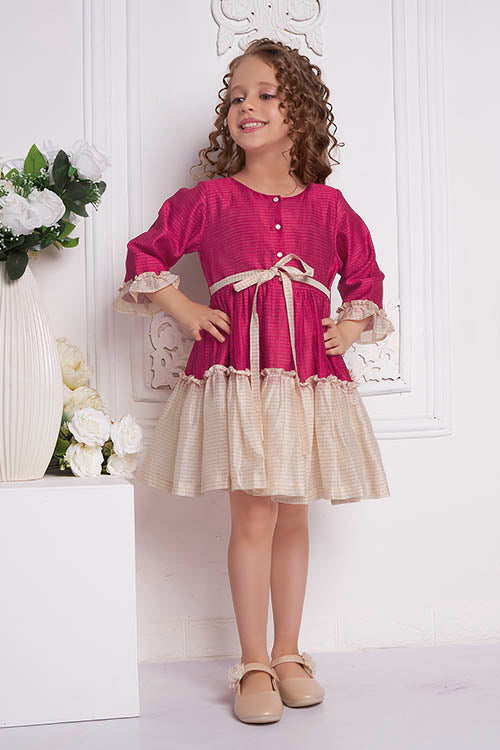 Soleilclo "Festive Ruffle Magic" Three Quarter Sleeve Zari Checked Dress