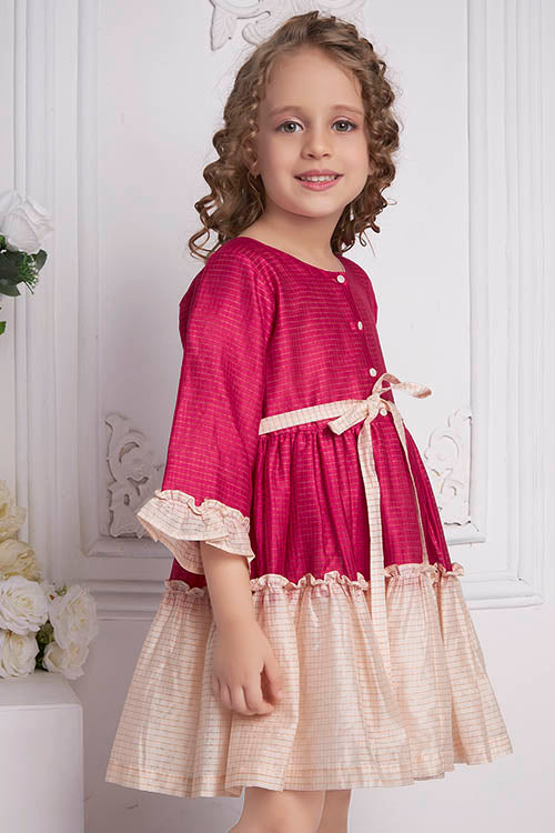 Soleilclo "Festive Ruffle Magic" Three Quarter Sleeve Zari Checked Dress