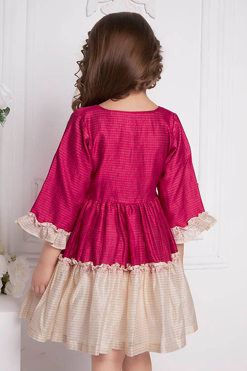 Soleilclo "Festive Ruffle Magic" Three Quarter Sleeve Zari Checked Dress