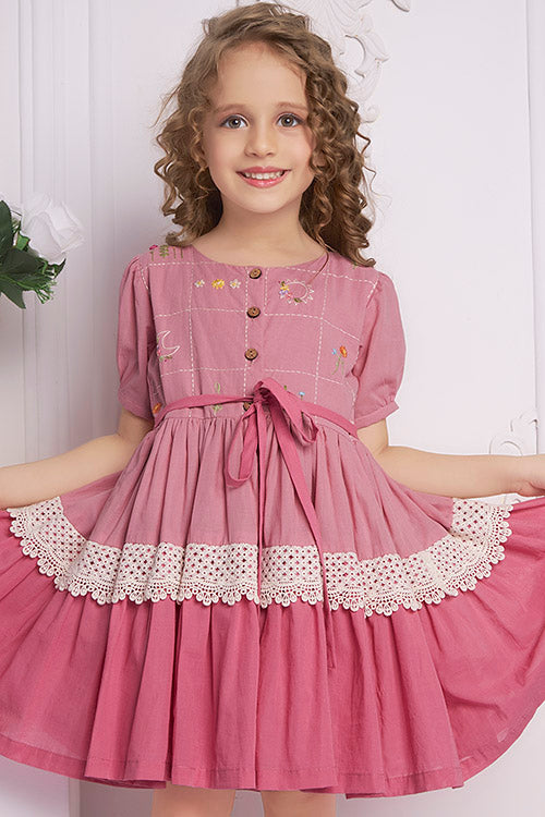 Soleilclo "Rosy Ombre" Half Sleeves Hand Embroidered Cotton Dress