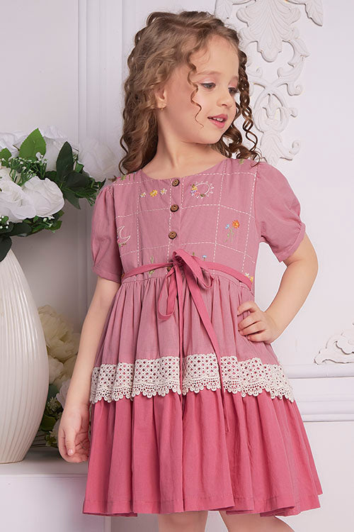 Soleilclo "Rosy Ombre" Half Sleeves Hand Embroidered Cotton Dress