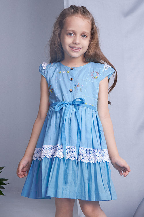 Soleilclo "Oceanic Ombre" Short Sleeves Hand Embroidered Cotton Dress