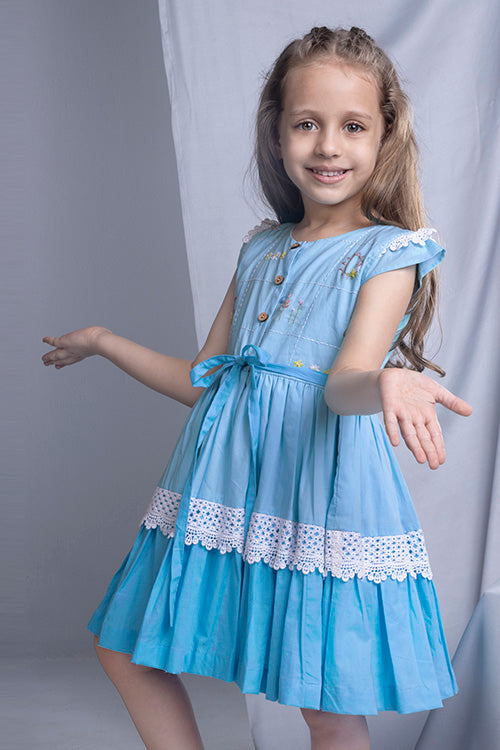 Soleilclo "Oceanic Ombre" Short Sleeves Hand Embroidered Cotton Dress