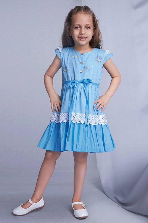 Soleilclo "Oceanic Ombre" Short Sleeves Hand Embroidered Cotton Dress